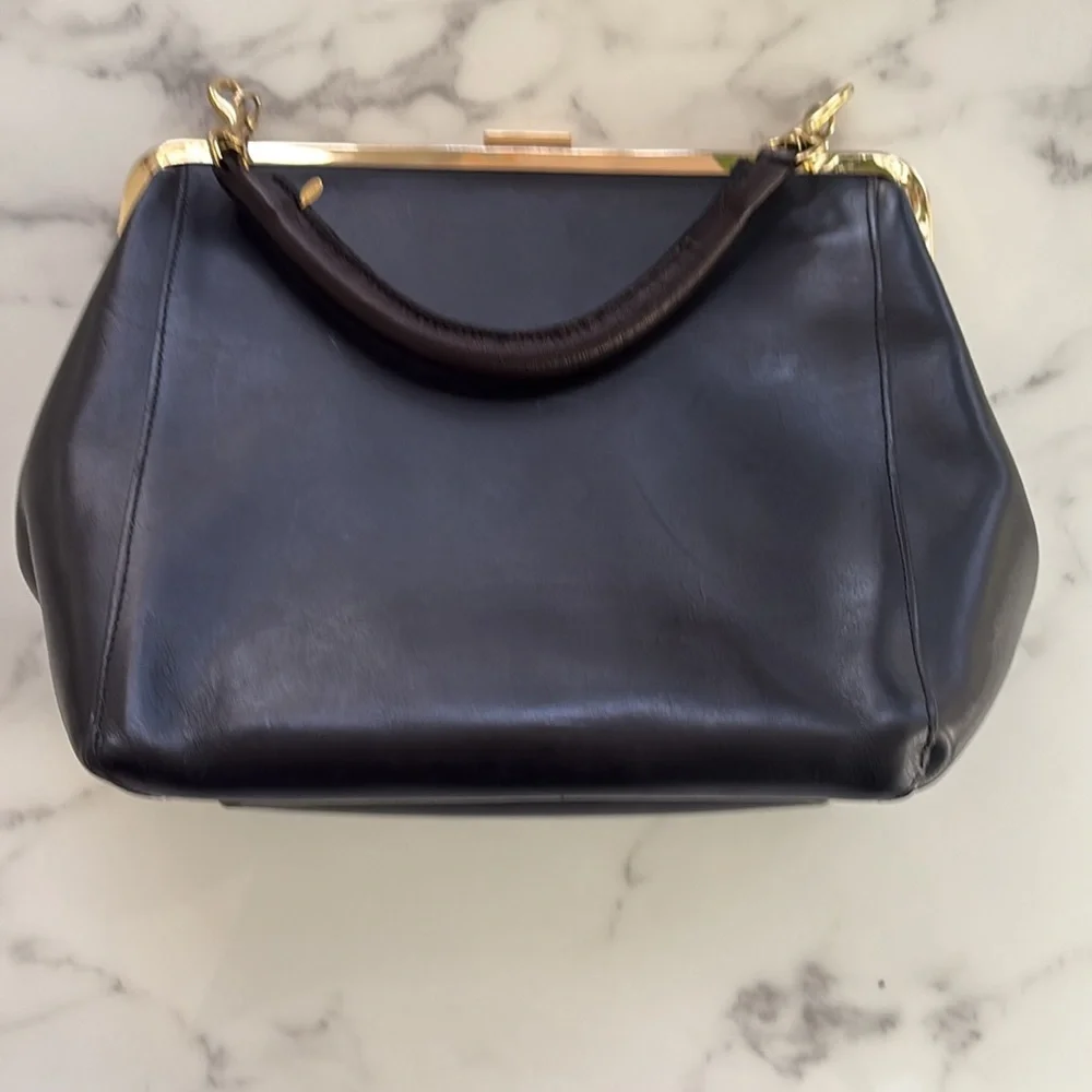 Clare V Black Leather Top-Handle Frame Bag with Gold Hardware